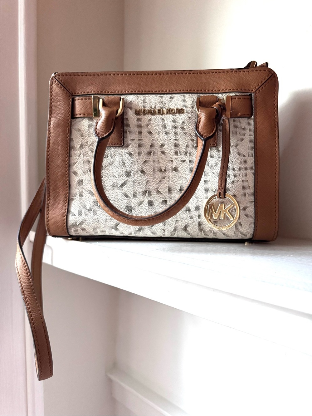 Michael Kors Small Vanilla Acron Signature Satchel with Brown Leather Trim
